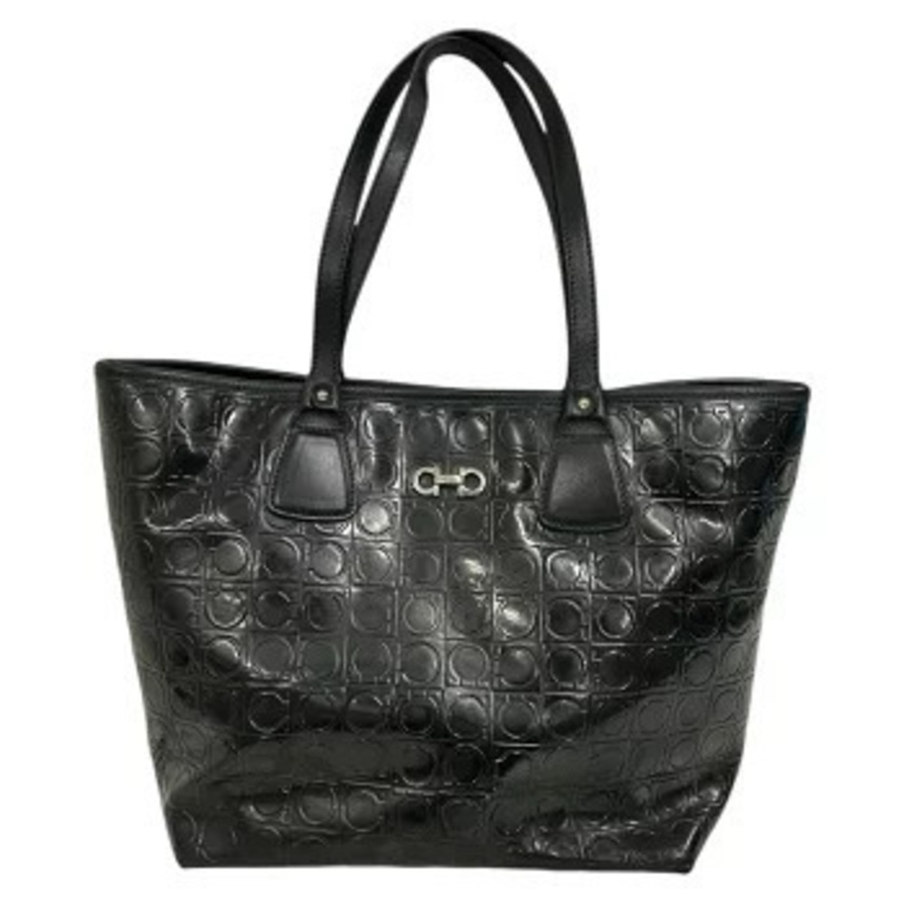 Salvatore Ferragamo Gancini Tote Bag Enamel Black Leather Business